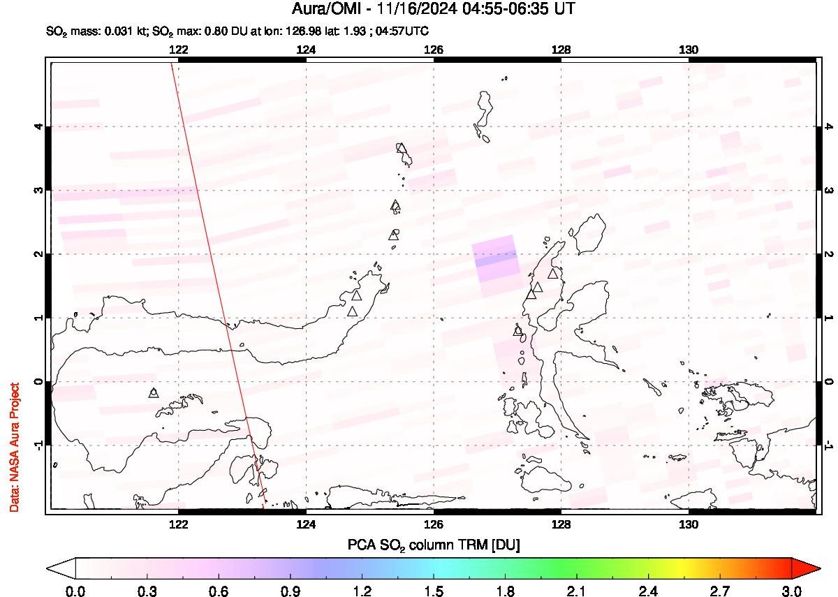 A sulfur dioxide image over Northern Sulawesi & Halmahera, Indonesia on Nov 16, 2024.