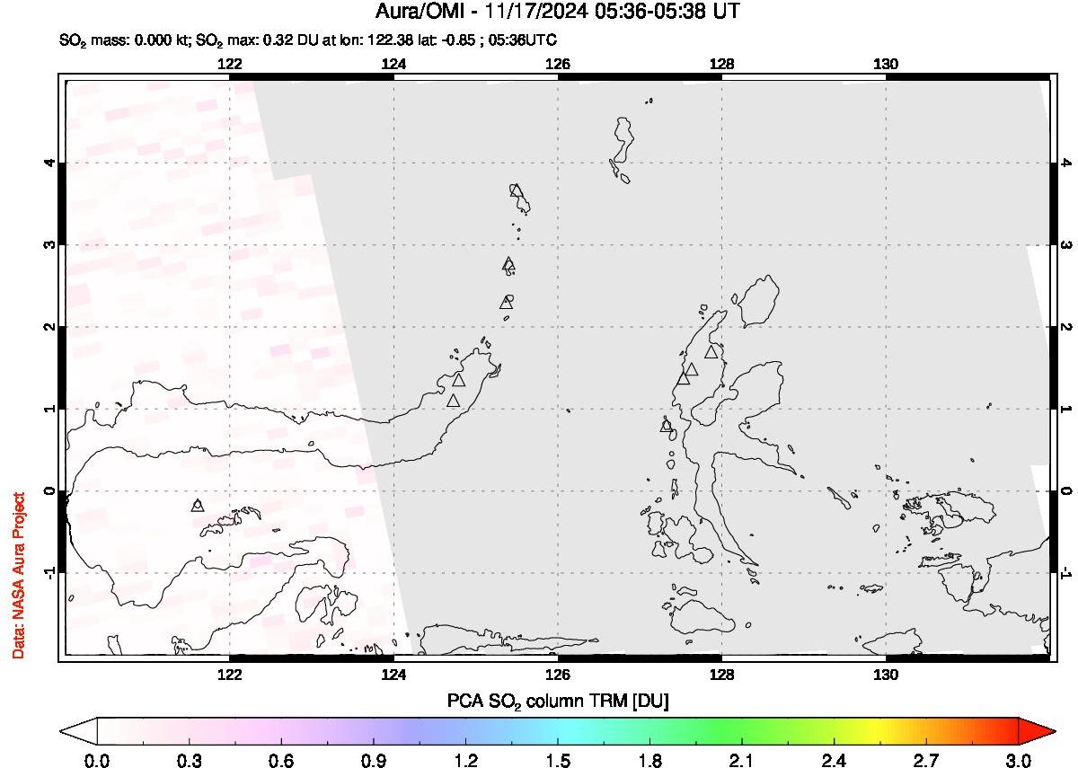 A sulfur dioxide image over Northern Sulawesi & Halmahera, Indonesia on Nov 17, 2024.