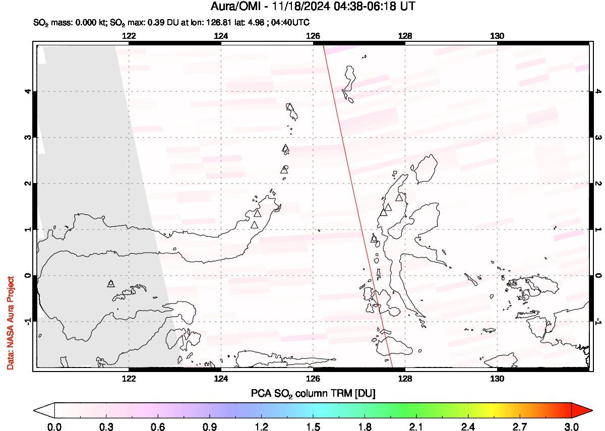 A sulfur dioxide image over Northern Sulawesi & Halmahera, Indonesia on Nov 18, 2024.