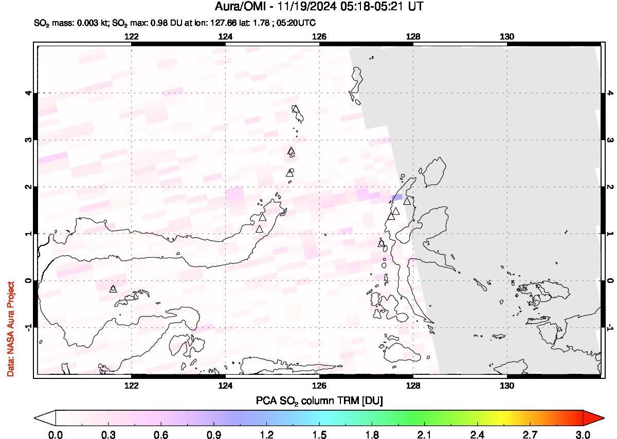 A sulfur dioxide image over Northern Sulawesi & Halmahera, Indonesia on Nov 19, 2024.