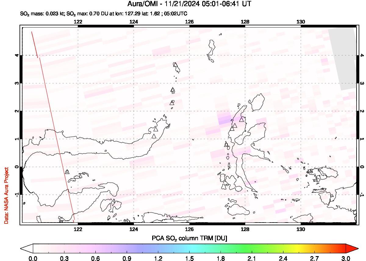 A sulfur dioxide image over Northern Sulawesi & Halmahera, Indonesia on Nov 21, 2024.