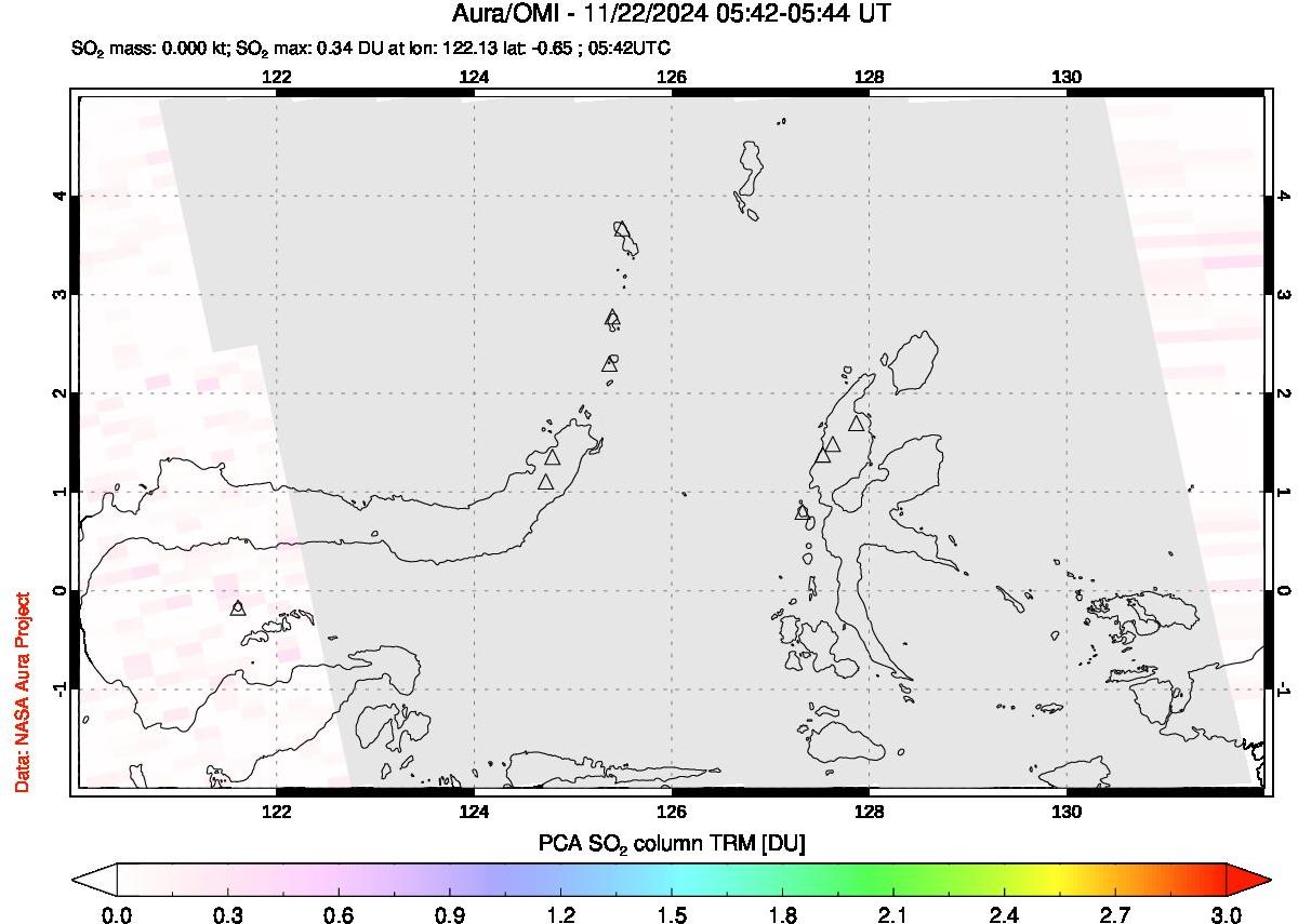 A sulfur dioxide image over Northern Sulawesi & Halmahera, Indonesia on Nov 22, 2024.