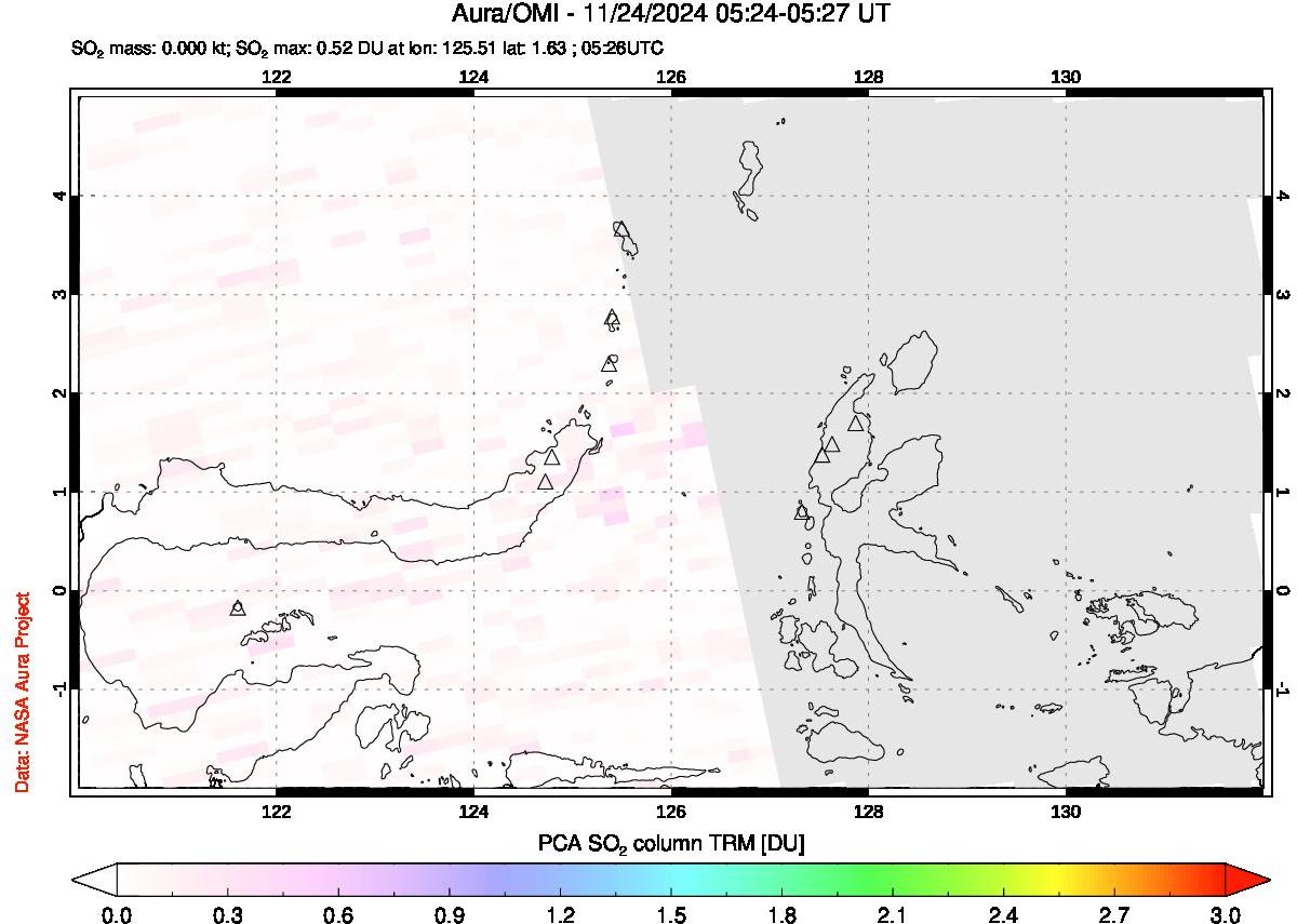 A sulfur dioxide image over Northern Sulawesi & Halmahera, Indonesia on Nov 24, 2024.