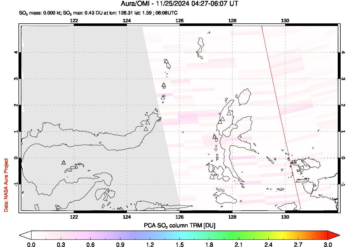 A sulfur dioxide image over Northern Sulawesi & Halmahera, Indonesia on Nov 25, 2024.