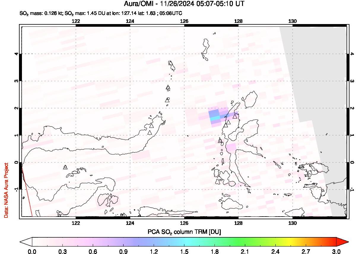 A sulfur dioxide image over Northern Sulawesi & Halmahera, Indonesia on Nov 26, 2024.