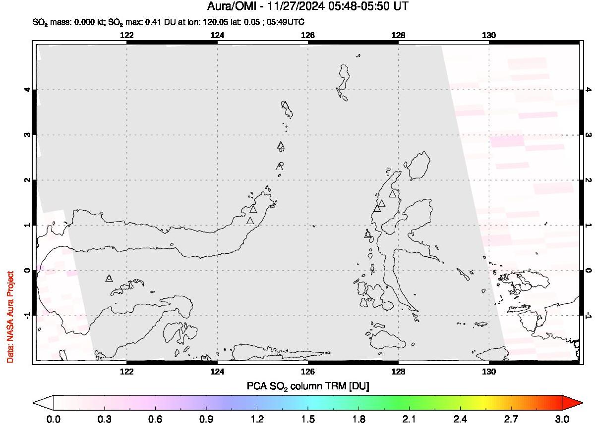 A sulfur dioxide image over Northern Sulawesi & Halmahera, Indonesia on Nov 27, 2024.