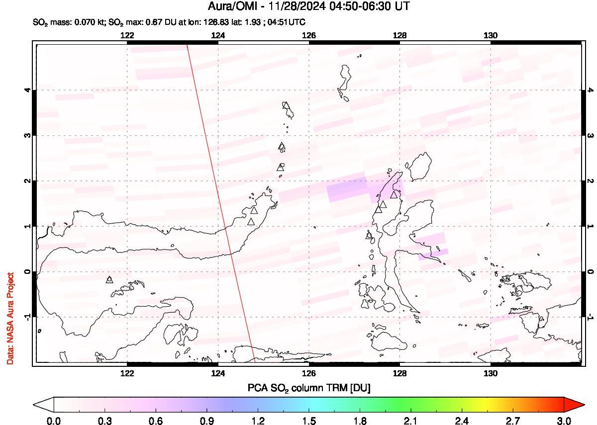 A sulfur dioxide image over Northern Sulawesi & Halmahera, Indonesia on Nov 28, 2024.