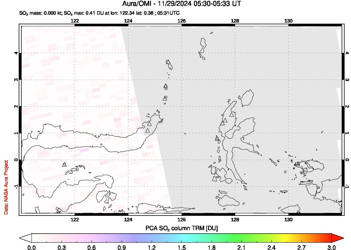 A sulfur dioxide image over Northern Sulawesi & Halmahera, Indonesia on Nov 29, 2024.