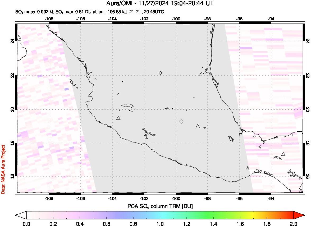 A sulfur dioxide image over Mexico on Nov 27, 2024.