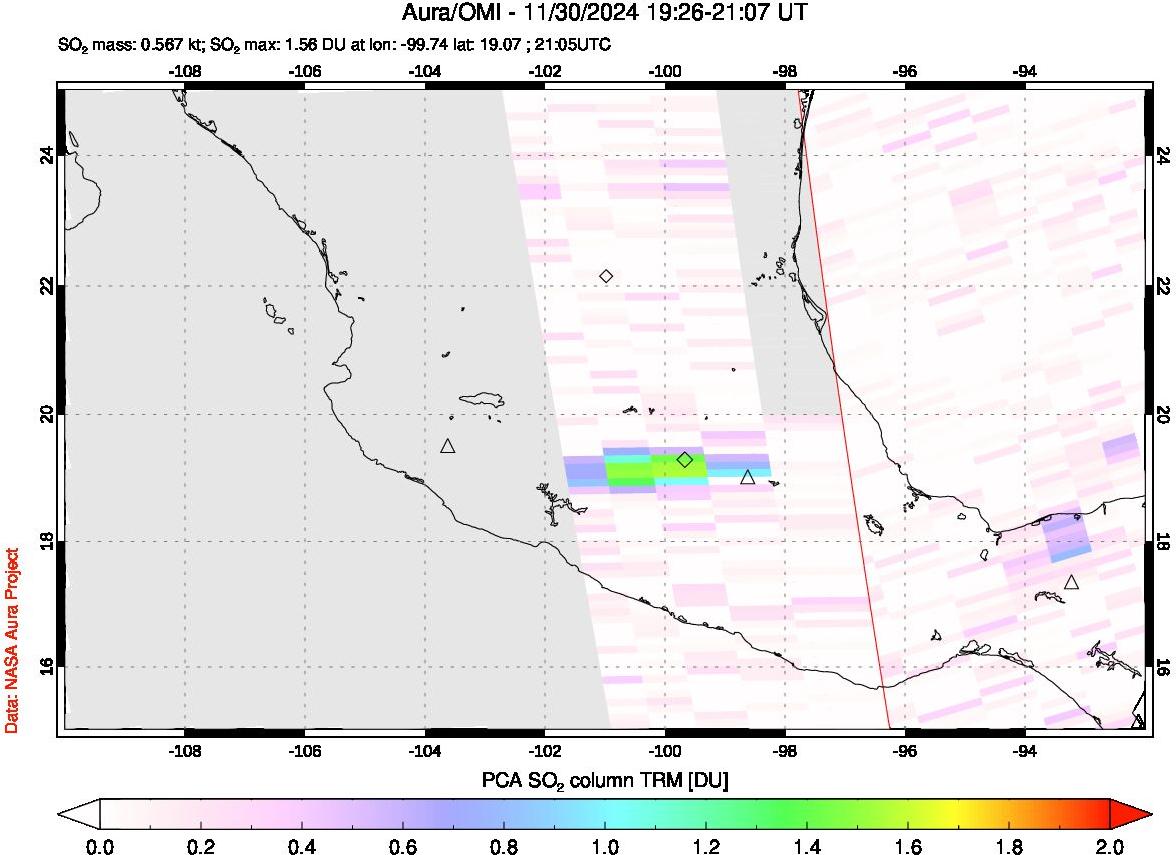 A sulfur dioxide image over Mexico on Nov 30, 2024.