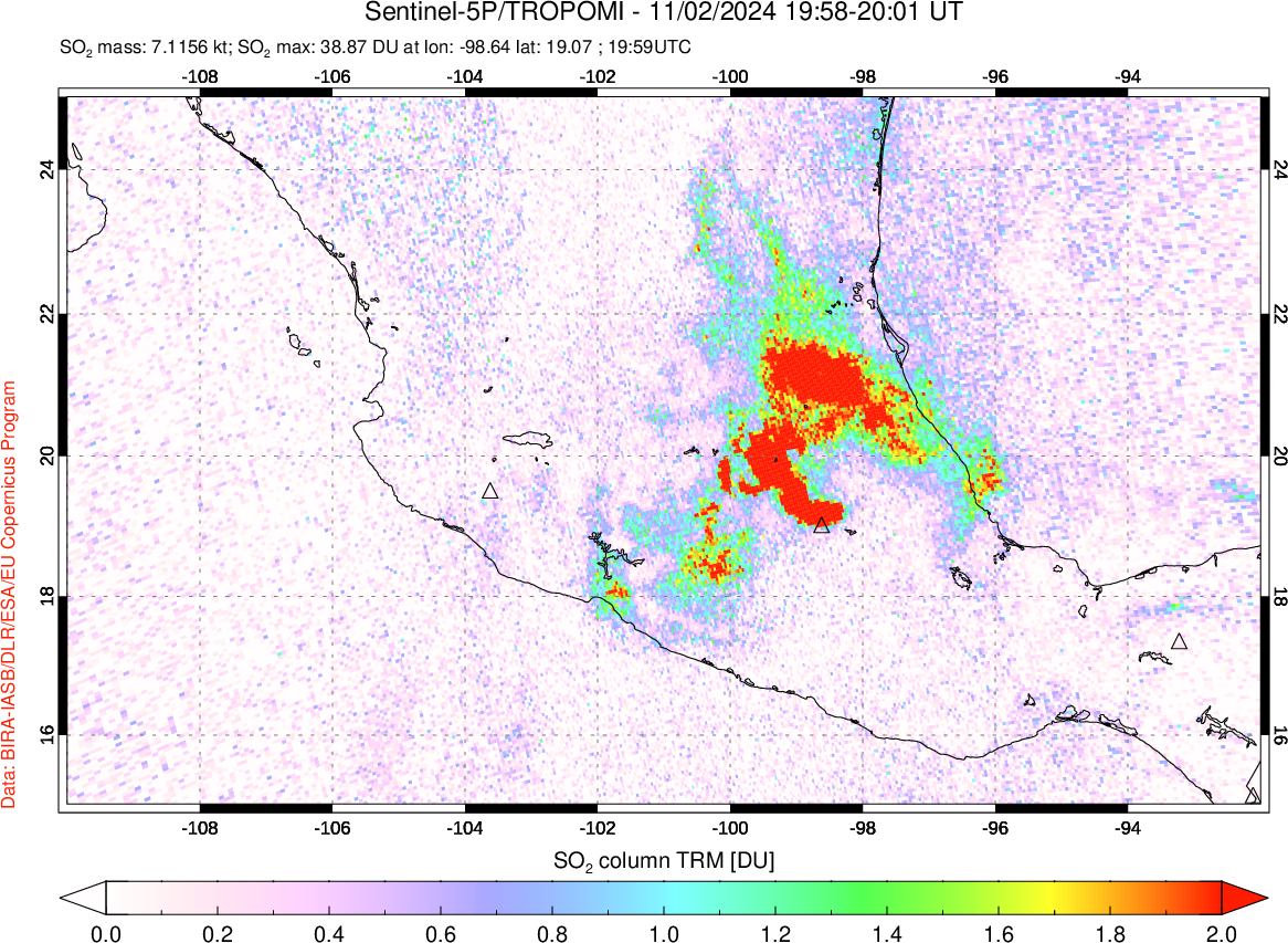 A sulfur dioxide image over Mexico on Nov 02, 2024.