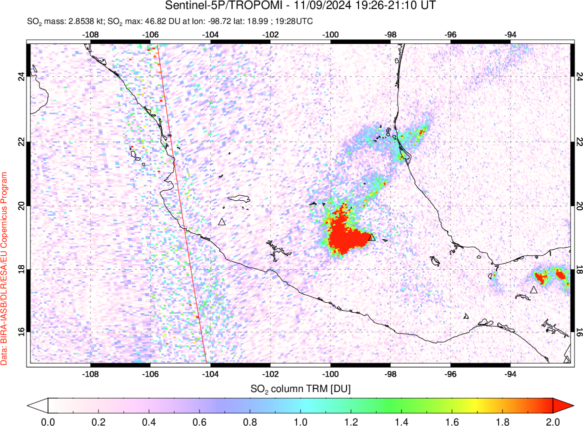 A sulfur dioxide image over Mexico on Nov 09, 2024.