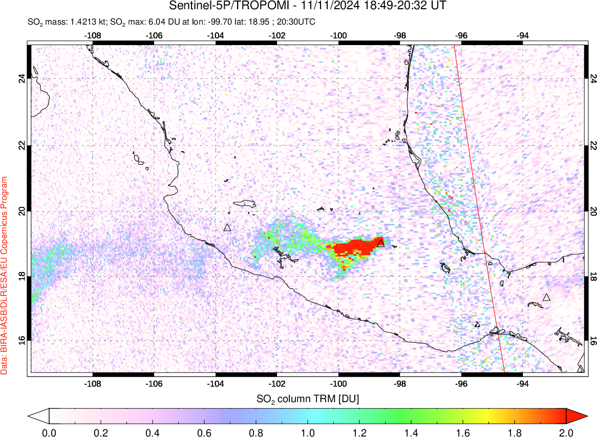 A sulfur dioxide image over Mexico on Nov 11, 2024.