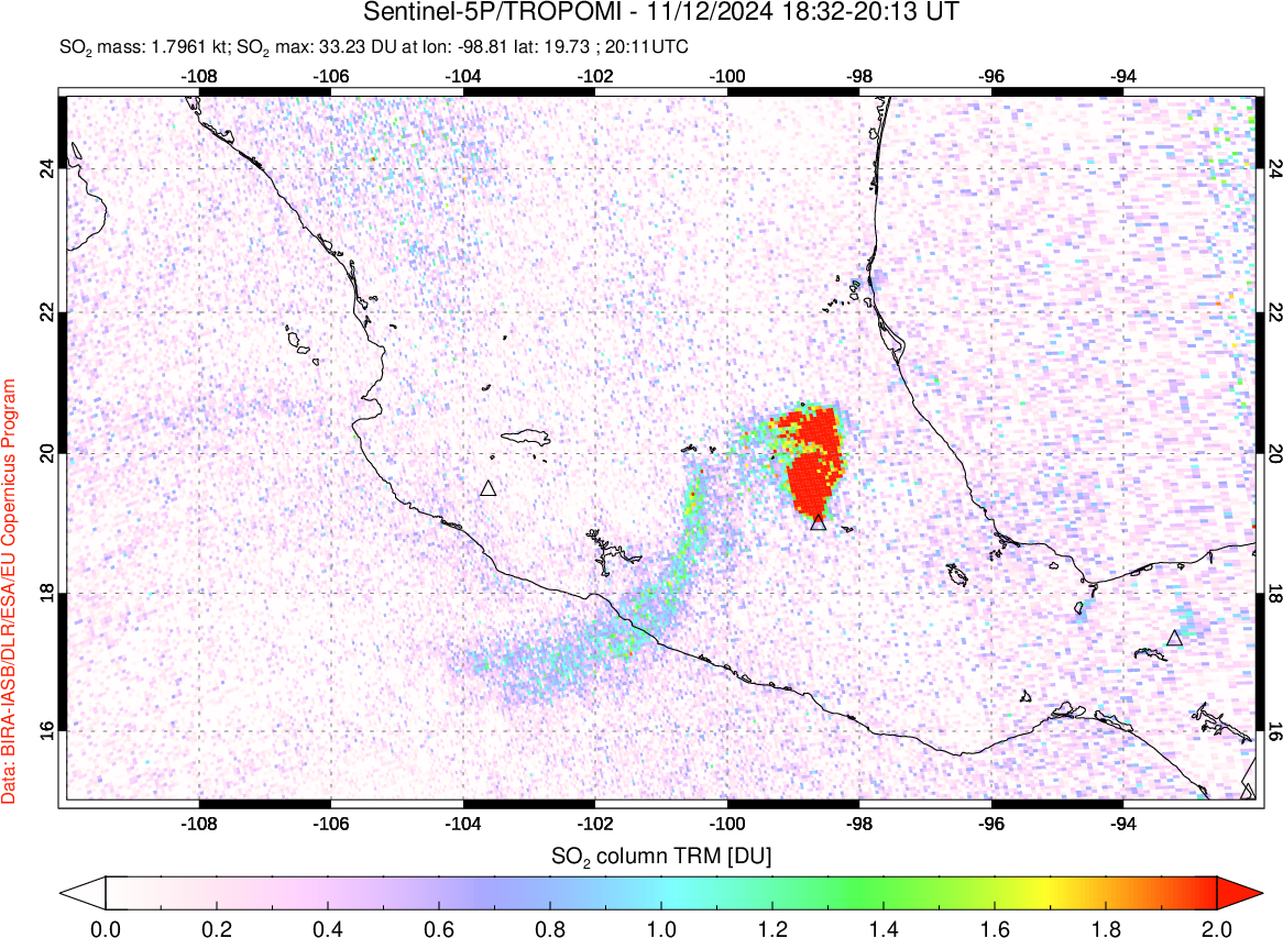 A sulfur dioxide image over Mexico on Nov 12, 2024.