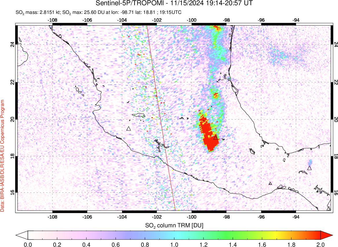 A sulfur dioxide image over Mexico on Nov 15, 2024.