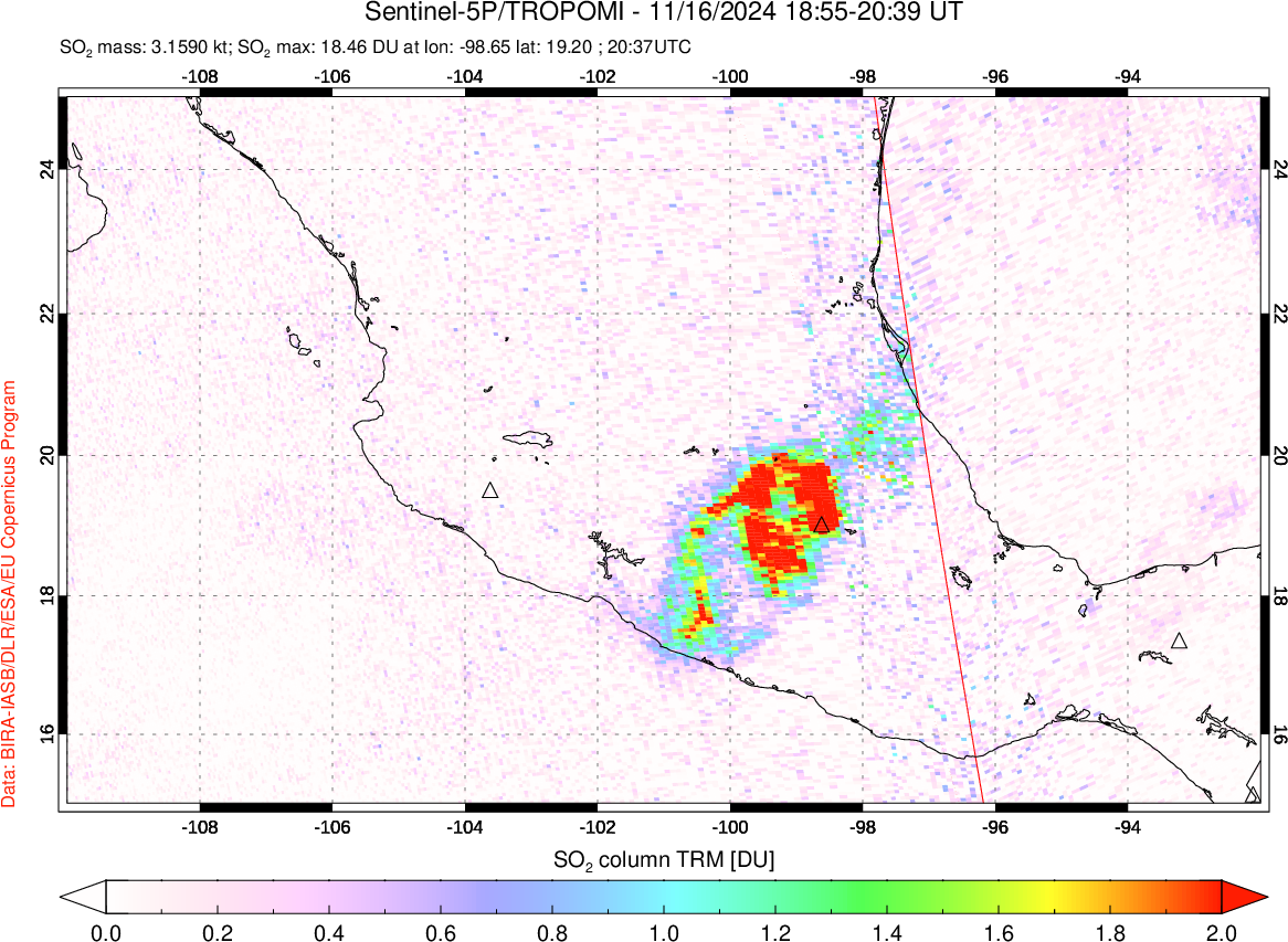 A sulfur dioxide image over Mexico on Nov 16, 2024.