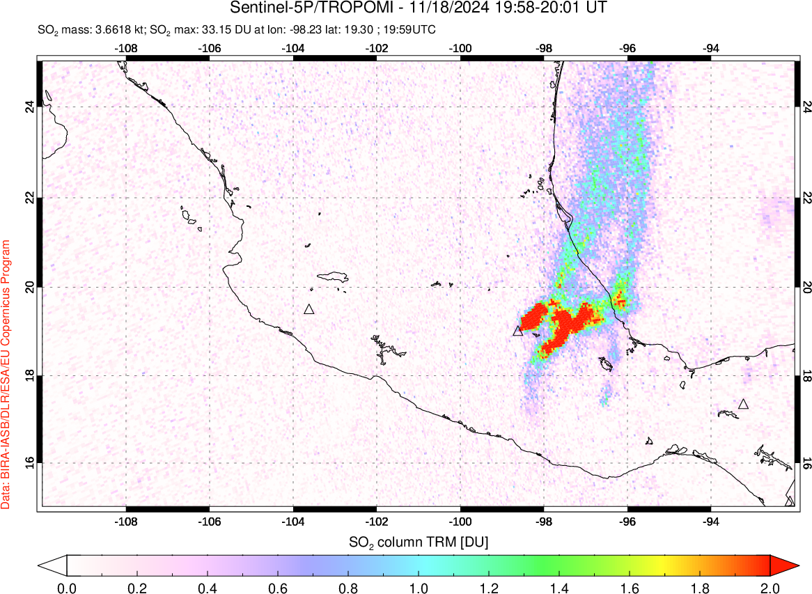 A sulfur dioxide image over Mexico on Nov 18, 2024.