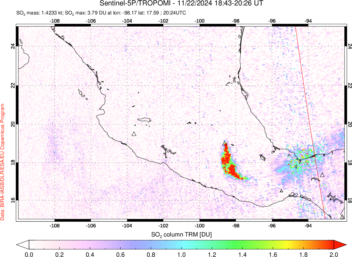 A sulfur dioxide image over Mexico on Nov 22, 2024.