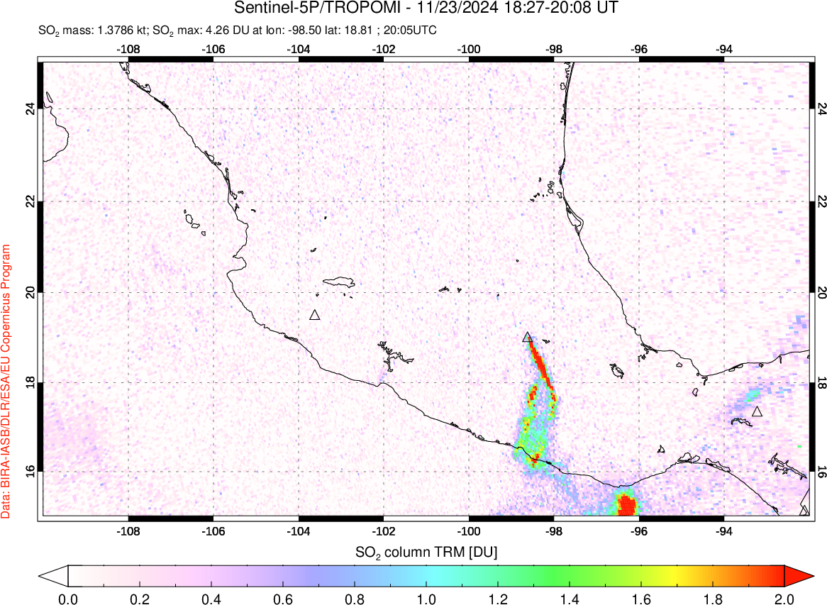 A sulfur dioxide image over Mexico on Nov 23, 2024.