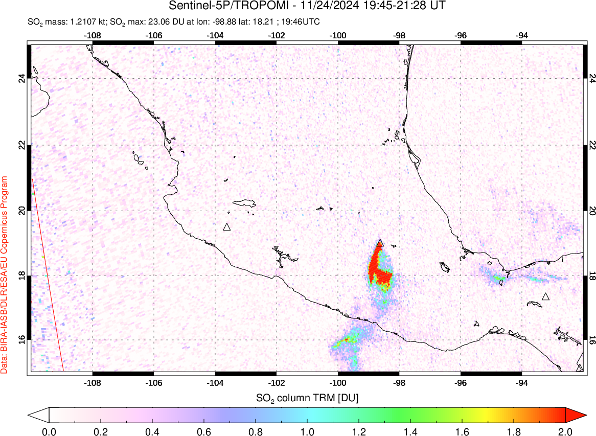 A sulfur dioxide image over Mexico on Nov 24, 2024.