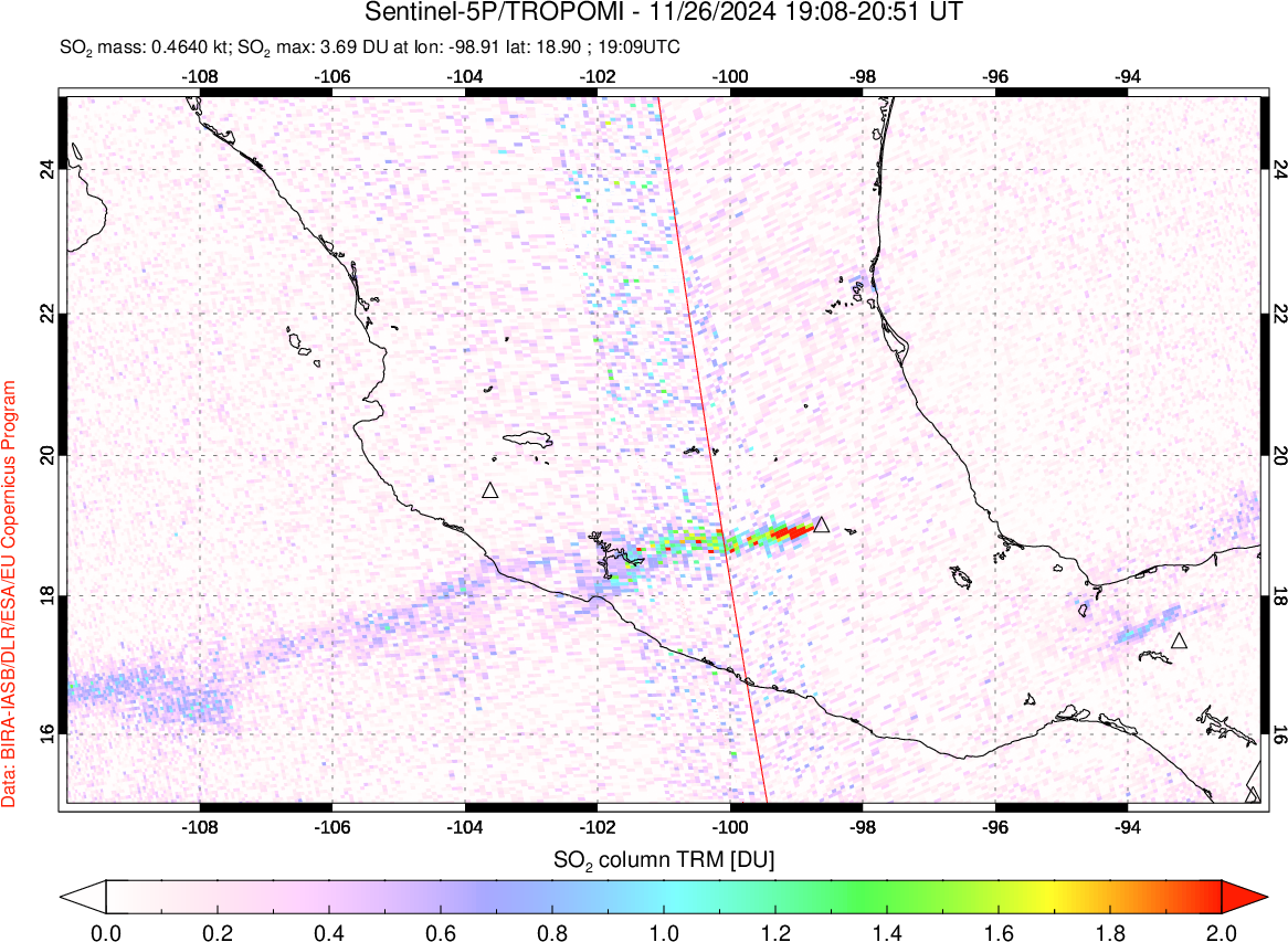 A sulfur dioxide image over Mexico on Nov 26, 2024.