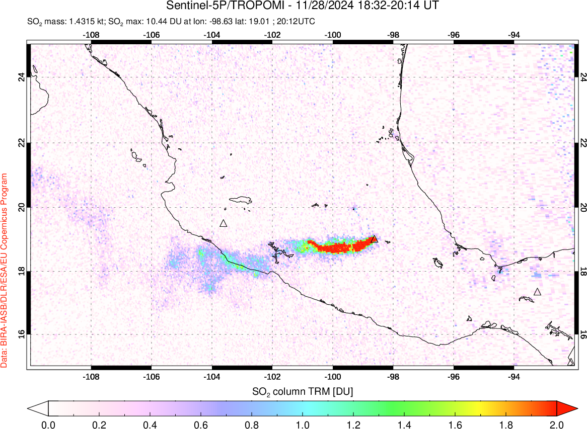 A sulfur dioxide image over Mexico on Nov 28, 2024.