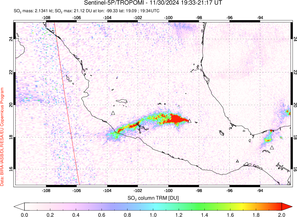 A sulfur dioxide image over Mexico on Nov 30, 2024.