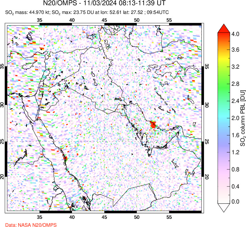 A sulfur dioxide image over Middle East on Nov 03, 2024.