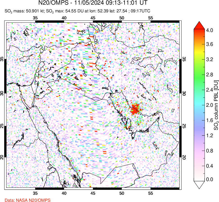 A sulfur dioxide image over Middle East on Nov 05, 2024.