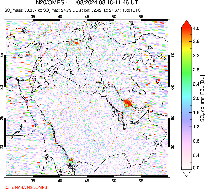 A sulfur dioxide image over Middle East on Nov 08, 2024.