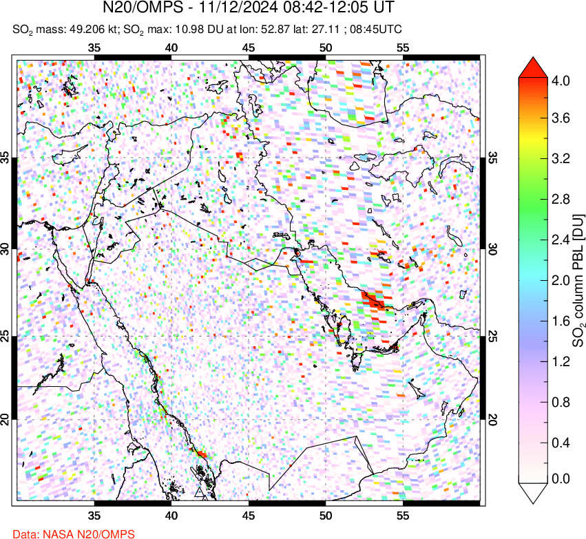 A sulfur dioxide image over Middle East on Nov 12, 2024.