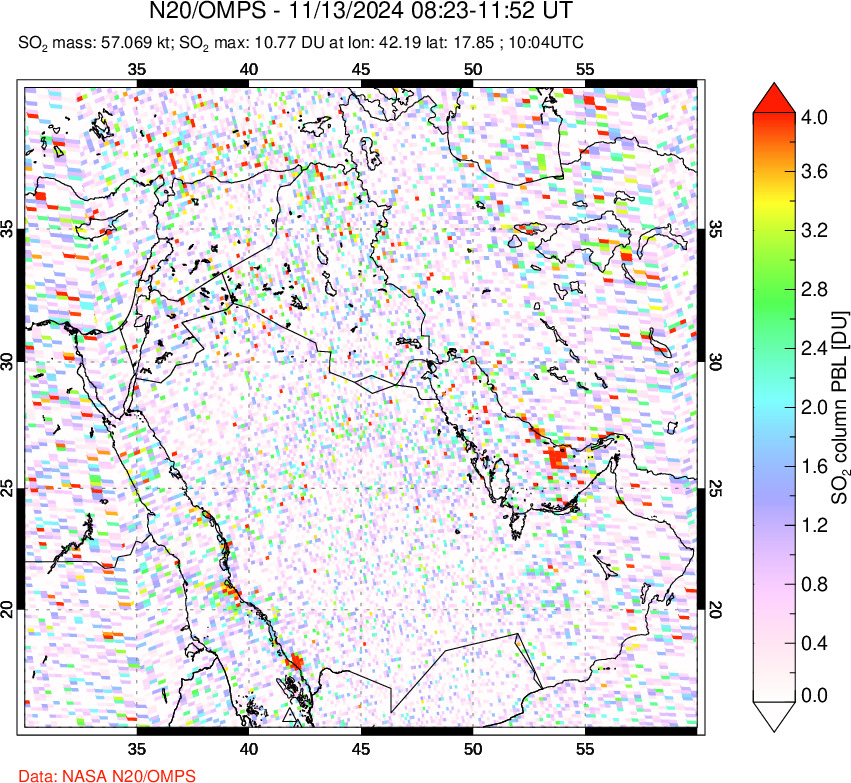 A sulfur dioxide image over Middle East on Nov 13, 2024.