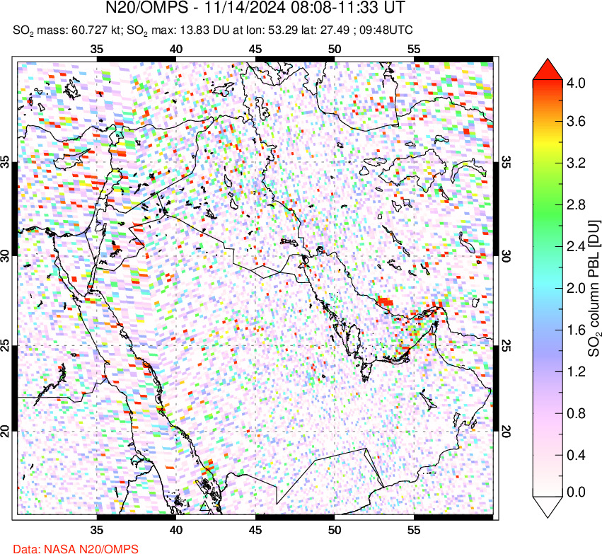 A sulfur dioxide image over Middle East on Nov 14, 2024.