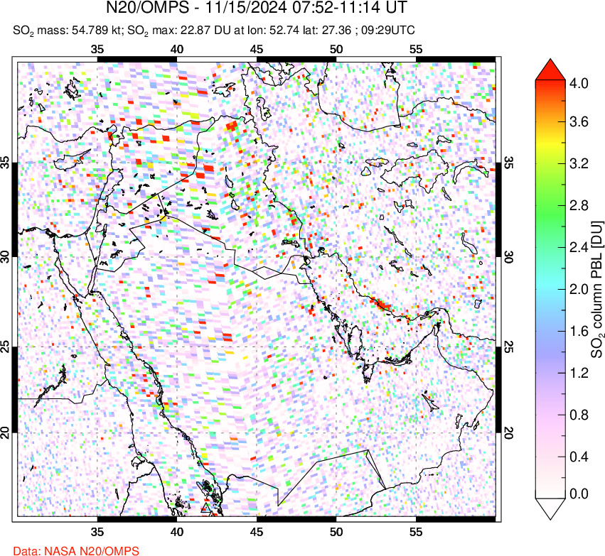 A sulfur dioxide image over Middle East on Nov 15, 2024.