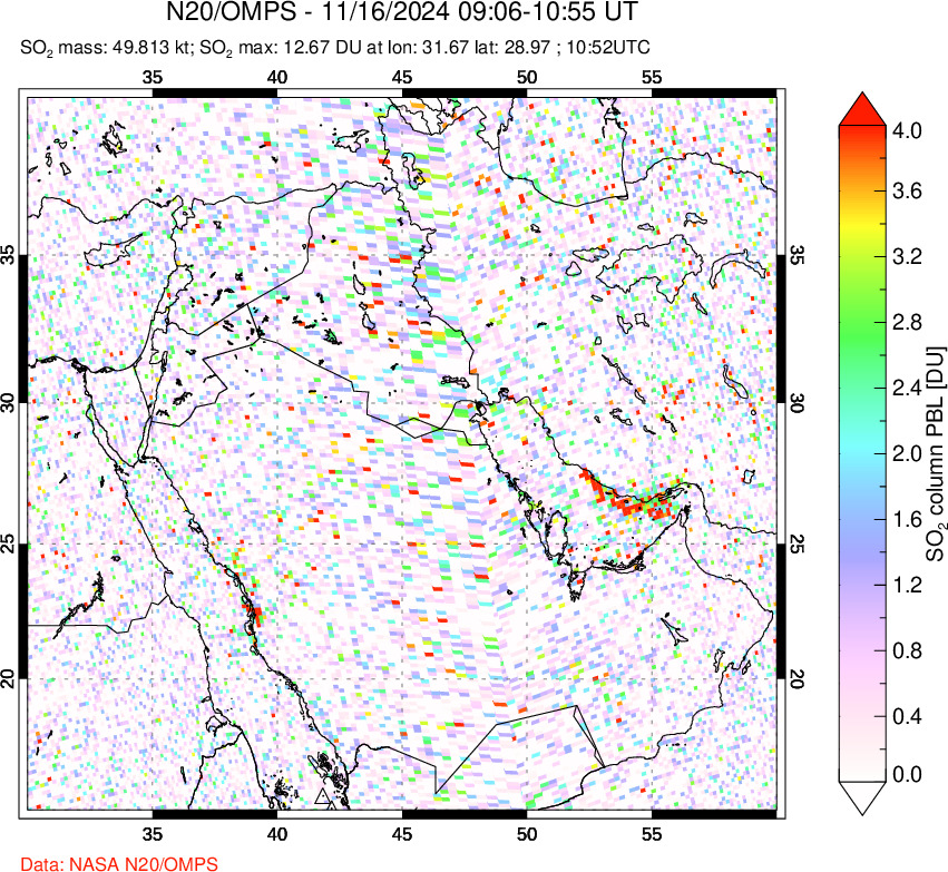 A sulfur dioxide image over Middle East on Nov 16, 2024.