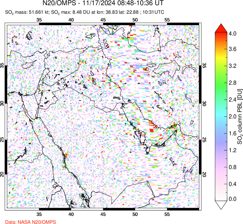 A sulfur dioxide image over Middle East on Nov 17, 2024.