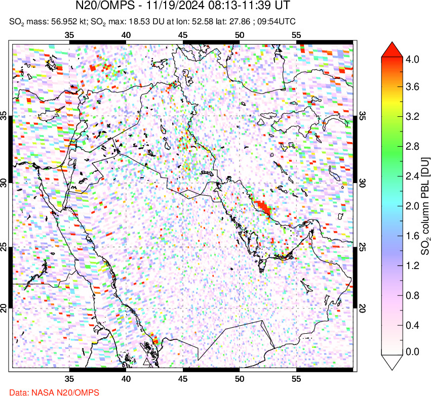 A sulfur dioxide image over Middle East on Nov 19, 2024.