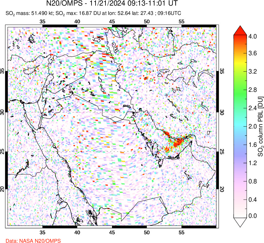 A sulfur dioxide image over Middle East on Nov 21, 2024.