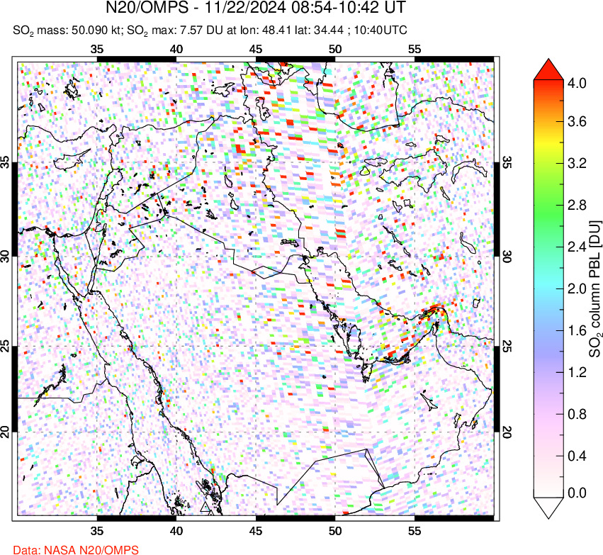 A sulfur dioxide image over Middle East on Nov 22, 2024.