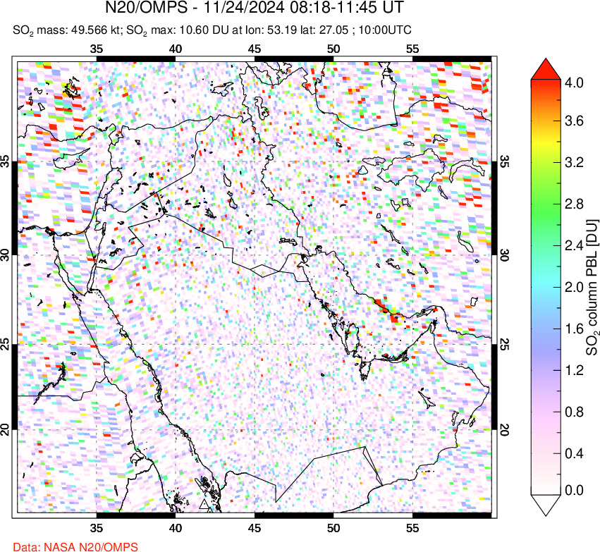 A sulfur dioxide image over Middle East on Nov 24, 2024.