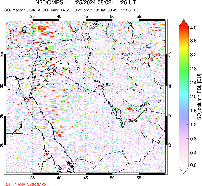 A sulfur dioxide image over Middle East on Nov 25, 2024.