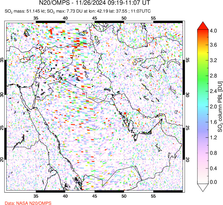 A sulfur dioxide image over Middle East on Nov 26, 2024.