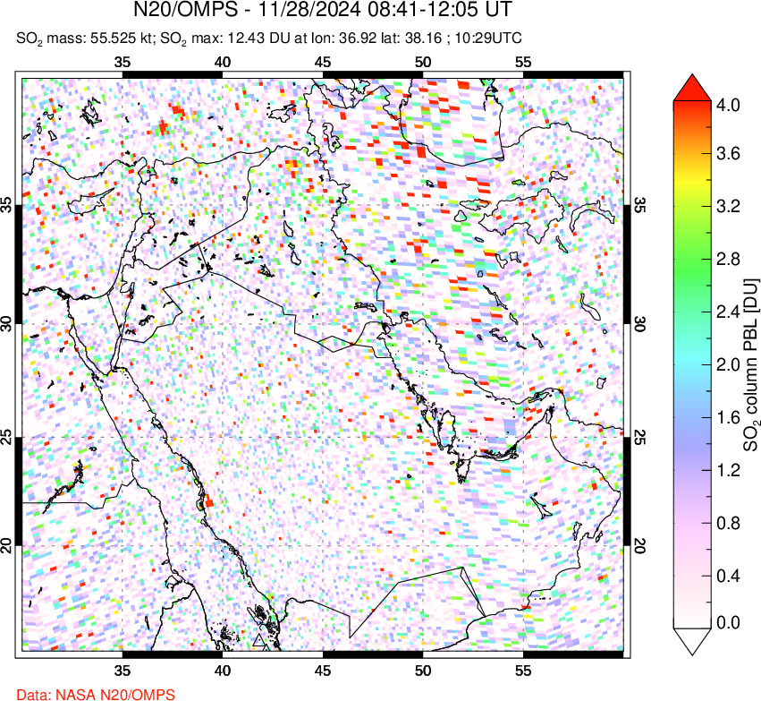 A sulfur dioxide image over Middle East on Nov 28, 2024.