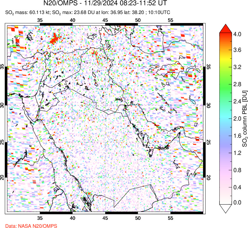 A sulfur dioxide image over Middle East on Nov 29, 2024.