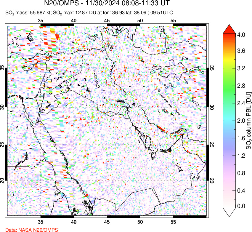 A sulfur dioxide image over Middle East on Nov 30, 2024.