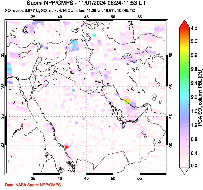 A sulfur dioxide image over Middle East on Nov 01, 2024.