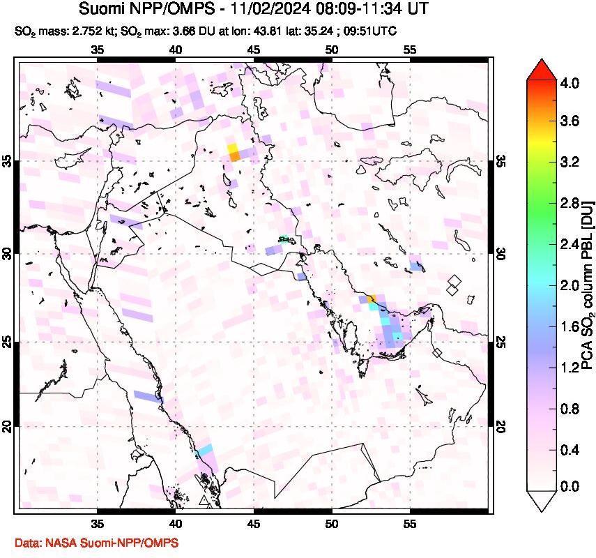 A sulfur dioxide image over Middle East on Nov 02, 2024.