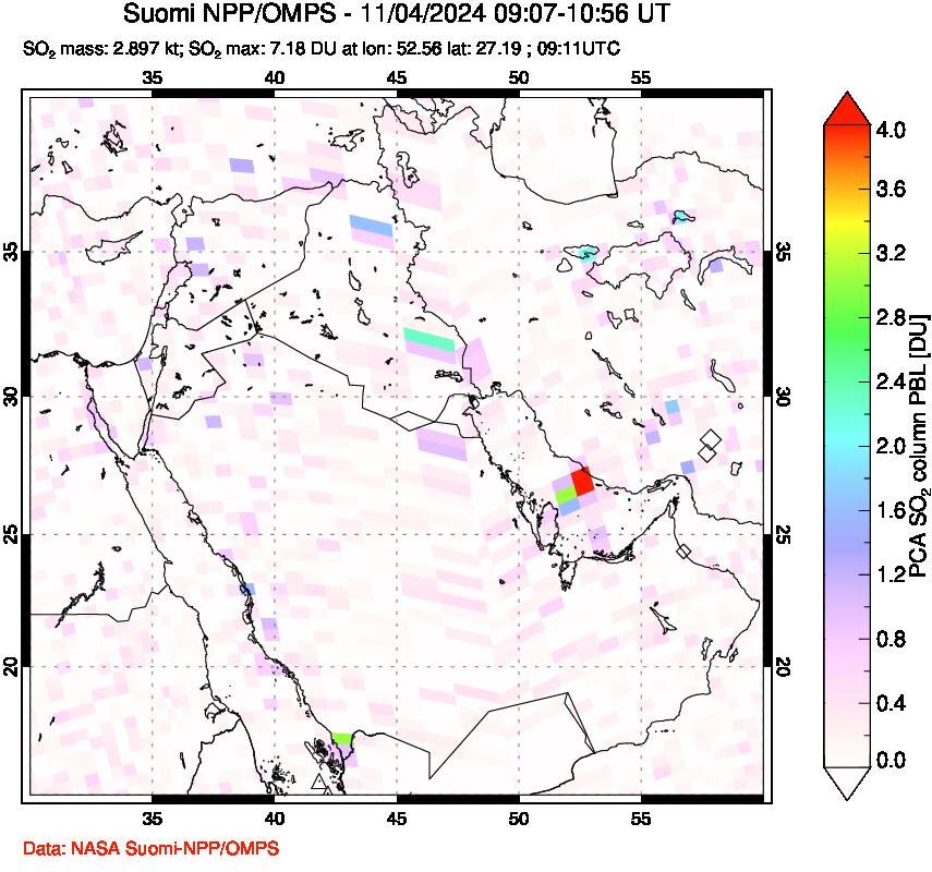 A sulfur dioxide image over Middle East on Nov 04, 2024.