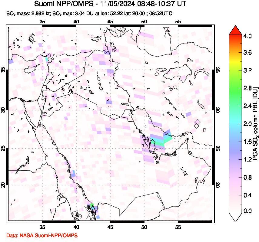 A sulfur dioxide image over Middle East on Nov 05, 2024.