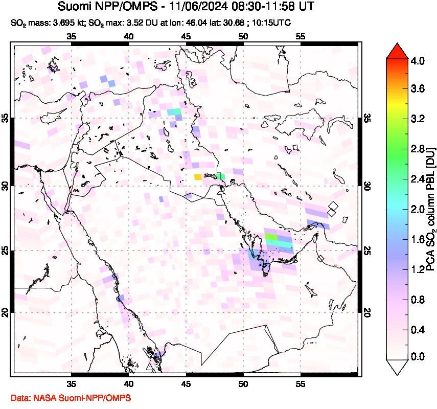 A sulfur dioxide image over Middle East on Nov 06, 2024.